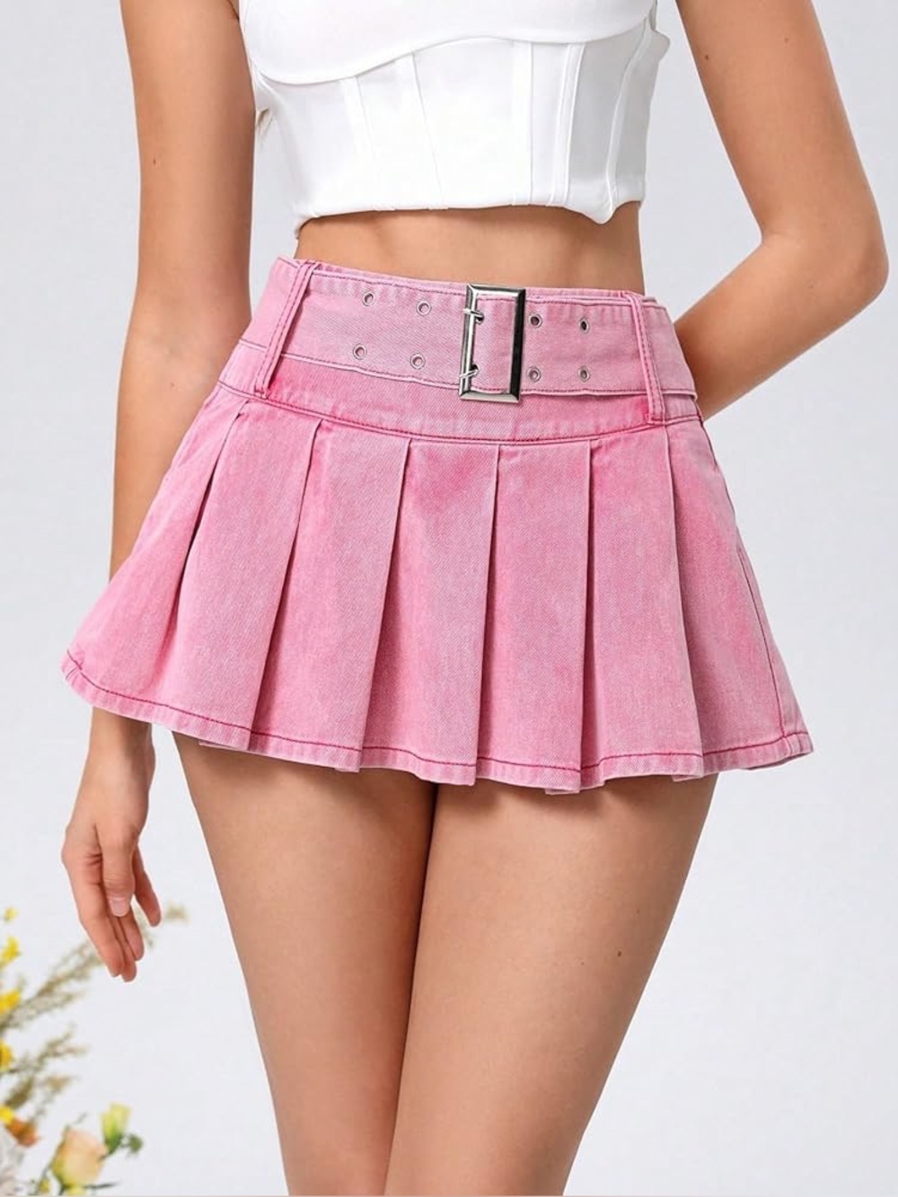 Women's Pink Pleated Mini Skirt with Belt Micro Skirt Size Small Bubblegum Party